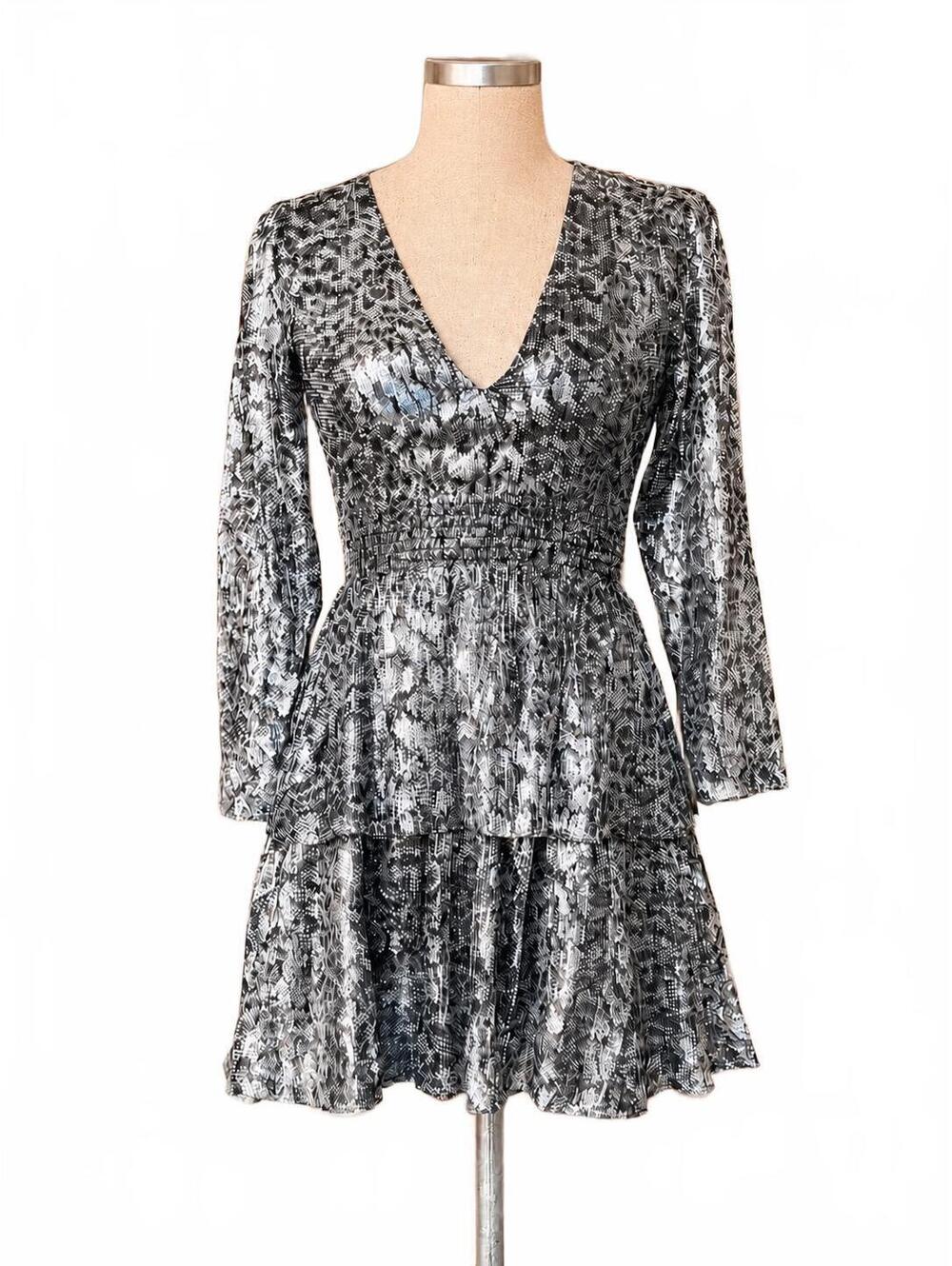 The Kooples Shiny Flounces Metallic Silk Mini Dress – Size 1 – NWT